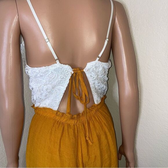 Papaya romper one piece jumpsuit romper burnt yellow bottom white lace top SZ M - Picture 11 of 12